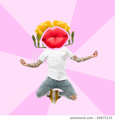 Man in white T-shirt practicing yoga headed by female lips with flowers on modern illustrated background. Contemporary art collage. Man in white T-shirt practicing yoga headed by female lips with flowers on modern illustrated background. Contemporary art collage. 69975233