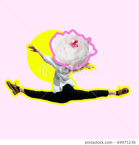 Office woman like a ballet dancer or performer with white flower as a head on pink background. Contemporary art collage Office woman like a ballet dancer or performer with white flower as a head on pink background. Contemporary art collage 69975236