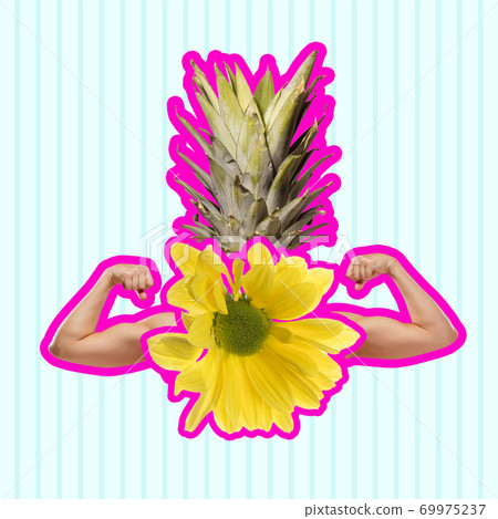Contemporary art collage. Yellow flower with pink outline as a human body on light background. Contemporary art collage. Yellow flower with pink outline as a human body on light background. 69975237
