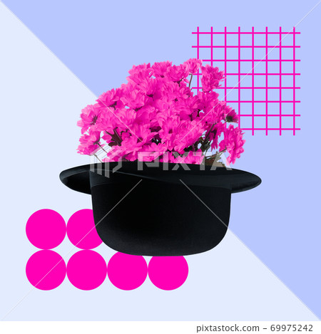 Contemporary art collage. Black hat with bunch of pink chrysanthemums on modern illustrated background. Contemporary art collage. Black hat with bunch of pink chrysanthemums on modern illustrated background. 69975242