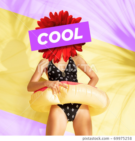 Woman's body headed by red flower and sign standing on modern illustrated background. Contemporary art collage. Woman's body headed by red flower and sign standing on modern illustrated background. Contemporary art collage. 69975258