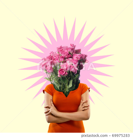 Contemporary art collage. A woman's body with bunch of beautiful pink roses as a head on yellow studio background. Contemporary art collage. A woman's body with bunch of beautiful pink roses as a head on yellow studio background. 69975283