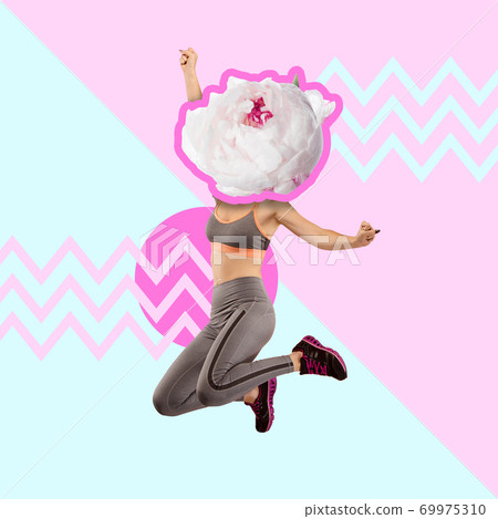 Jumping woman's body in grey sportswear headed by white flower on modern illustrated background. Contemporary art collage. 69975310