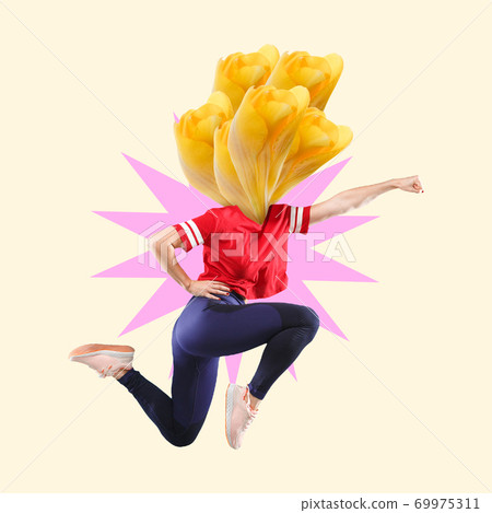 Jumping woman in red T-shirt headed by yellow flowers on modern illustrated background. Contemporary art collage. Jumping woman in red T-shirt headed by yellow flowers on modern illustrated background. Contemporary art collage. 69975311