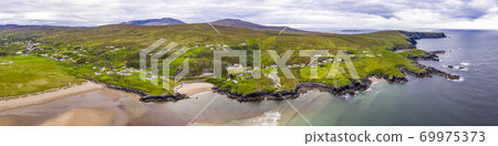 Aerial view of wild coast by Glencolumbkille in County Donegal, Irleand. Aerial view of wild coast by Glencolumbkille in County Donegal, Irleand. 69975373