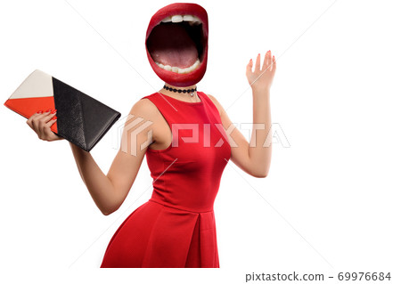 Fashion woman portrait isolated on white. Happy girl hold bag. Red dress. female beautiful model. Fashion woman portrait isolated on white. Happy girl hold bag. Red dress. female beautiful model. 69976684