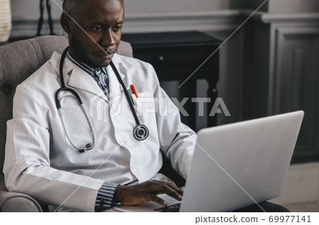 telehealth with virtual doctor appointment and online therapy session. Black doctor online conference  69977141