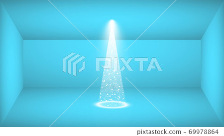Vector blue studio and Lights Shiny Christmas tree Isolated on Transparent Background for your design. White tree as symbol of Happy New Year, Merry Christmas holiday celebration. Bright light 69978864