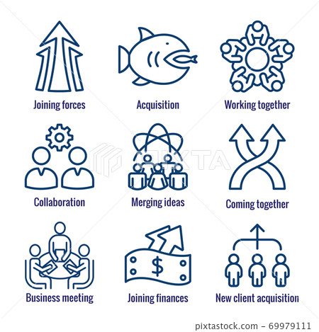 Companies merging together, one buying out the other - icons Companies merging together, one buying out the other - icons 69979111
