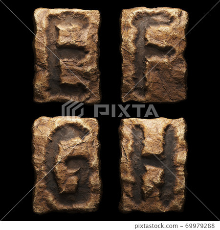 Set of rocky letters E, F, G, H. Font of stone on black background. 3d 69979288