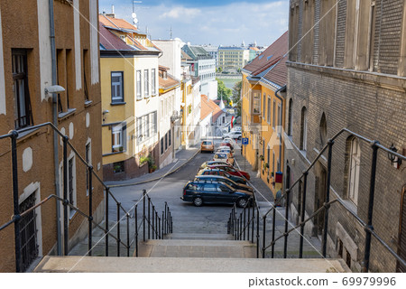 View of Budapest street descending to the Danube river 69979996