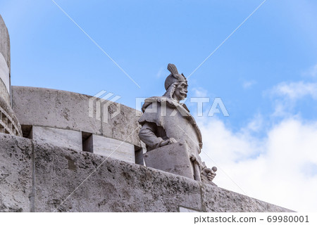 The statue of a medieval knight in the Fisherman's Bastion in Buda Castle, in Budapest, Hungary 69980001