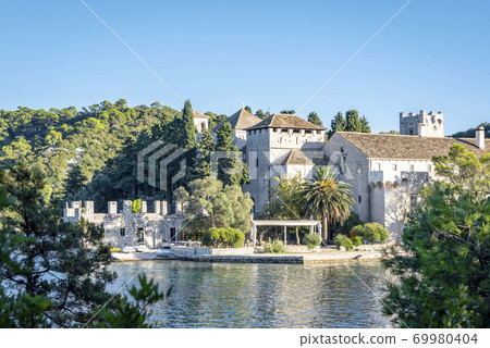 Monastery on a lake on the island of Mljet in Croatia 69980404