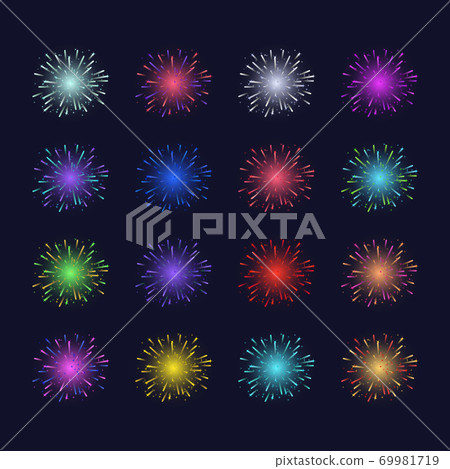 Realistic Detailed 3d Color Light Fireworks Animation Set. Vector 69981719
