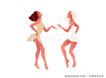 International Women s Day. 8 March. Happy sexy girl in oink dress dancing in the street.  69981828