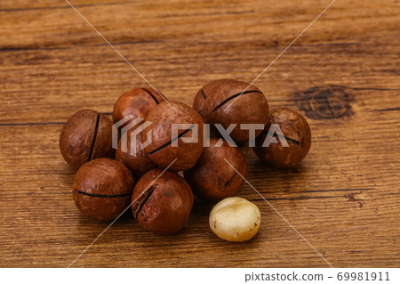 Brown macadamia nut heap over background Brown macadamia nut heap over background 69981911