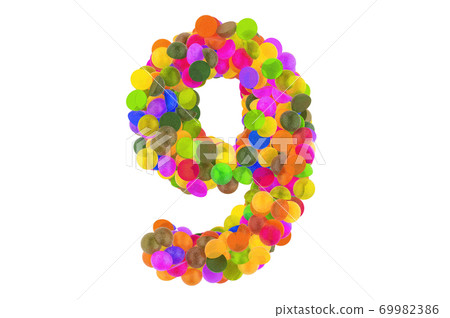 Number 9 from colored marmalade candies. 3D rendering Number 9 from colored marmalade candies. 3D rendering 69982386