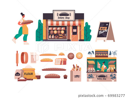 set different bakery pastry products female baker in uniform holding bread baking concept full length set different bakery pastry products female baker in uniform holding bread baking concept full length 69983277