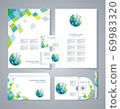 Corporate identity template with blue and green geometric elements. 69983320