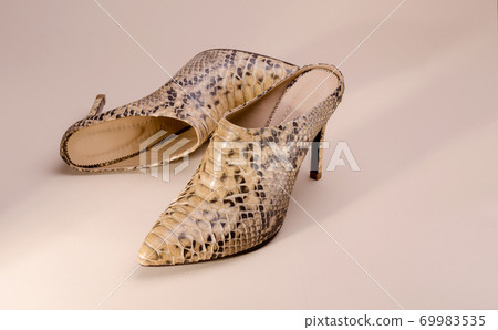 Women's high heeled ankle boot shoes made of Python Leather. Luxury leather shoes advertising backdrop. Women's high heeled ankle boot shoes made of Python Leather. Luxury leather shoes advertising backdrop. 69983535