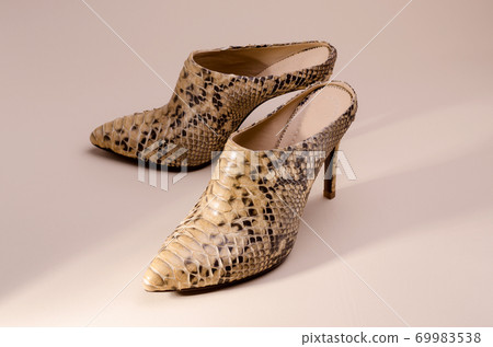 Women's high heeled ankle boot shoes made of Python Leather. Luxury leather shoes advertising backdrop. Women's high heeled ankle boot shoes made of Python Leather. Luxury leather shoes advertising backdrop. 69983538