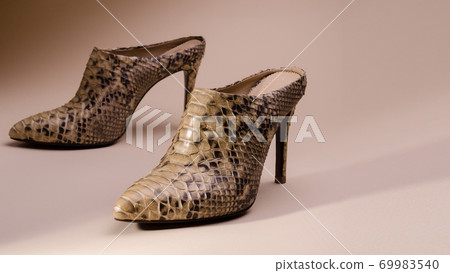 Women's high heeled ankle boot shoes made of Python Leather. Luxury leather shoes advertising backdrop. Women's high heeled ankle boot shoes made of Python Leather. Luxury leather shoes advertising backdrop. 69983540