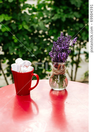 Hot beverage with toasted marshmallows in red mug Hot beverage with toasted marshmallows in red mug 69984391