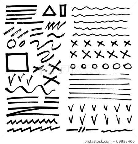 Hand-drawn brush raw textured shapes. Black ink random hand drawn scribbles set isolated on white background. Vector illustration 69985406