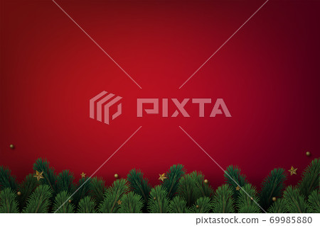 Christmas tree branches with decorations on red... - Stock Illustration ...