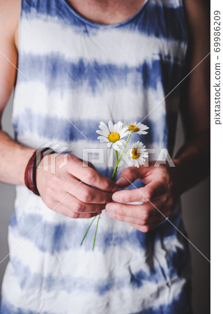 Daisy flowers in male hands 69986209