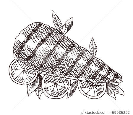 Meat top view frame. Engraved design. Fish on lemon prepared to bbq design template. Vintage hand drawn sketch vector illustration. Good nutrition Meat top view frame. Engraved design. Fish on lemon prepared to bbq design template. Vintage hand drawn sketch vector illustration. Good nutrition 69986292