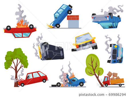 Accidents on road cars damaged. Road accident icons set with car crash symbols flat isolated. Damaged vehicle insurance. Damaged autos. Need repair service or not recoverable Accidents on road cars damaged. Road accident icons set with car crash symbols flat isolated. Damaged vehicle insurance. Damaged autos. Need repair service or not recoverable 69986294