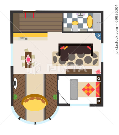 Interior plan. Detailed apartment furniture overhead top view. Apartment room plan. Architectural color floor plan with one bedroom. Studio apartment. Hand drawn top view Interior plan. Detailed apartment furniture overhead top view. Apartment room plan. Architectural color floor plan with one bedroom. Studio apartment. Hand drawn top view 69986304