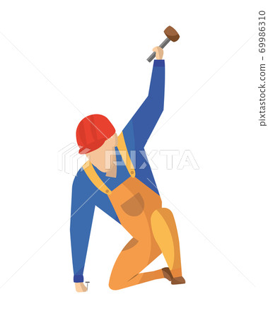 Builder. Construction worker with professional equipment during building activity. Vector illustration. Professional construction worker character Builder. Construction worker with professional equipment during building activity. Vector illustration. Professional construction worker character 69986310