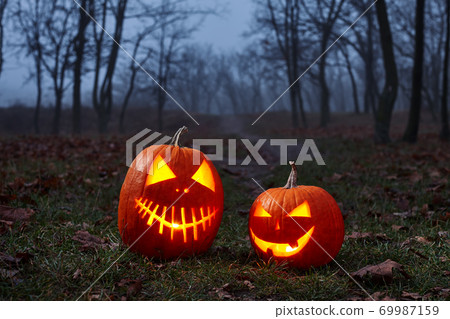 Halloween pumpkins burning in forest at night Halloween pumpkins burning in forest at night 69987159