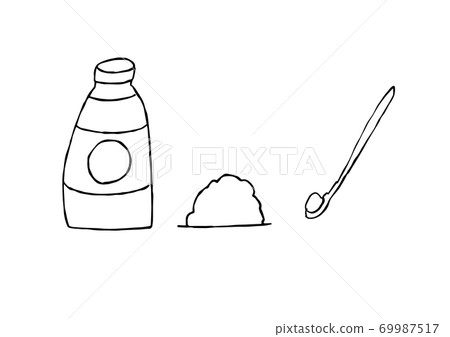 手繪插畫的綠汁(粉)和勺子 手繪插畫的綠汁(粉)和勺子 69987517