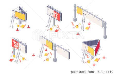 Billboard installation isometric vector illustration - process of sticking advertising on big city ooh banner. Billboard installation isometric vector illustration - process of sticking advertising on big city ooh banner. 69987519