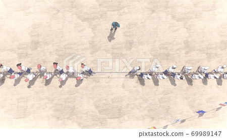 School athletic meet, tug of war, spectators, buildings, illustration 69 69989147