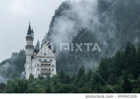 Neuschwanstein castle with fog in cloudy day, Germany Neuschwanstein castle with fog in cloudy day, Germany 69990169