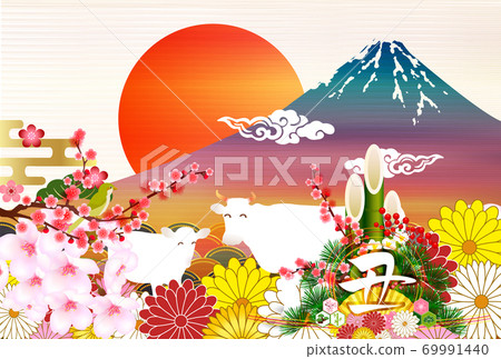 Ox New Year's card Mt. Fuji background Ox New Year's card Mt. Fuji background 69991440