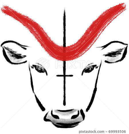 “牛”漢字的起源，十二生肖的毛筆字符，暈染_紅色[Yu新年賀卡插圖素材] 69993506