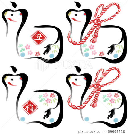 Zodiac "Ushi" brush character, sumi-e, papier-mache figurine_Shotakeume [Ox New Year's card illustration material] 69993518