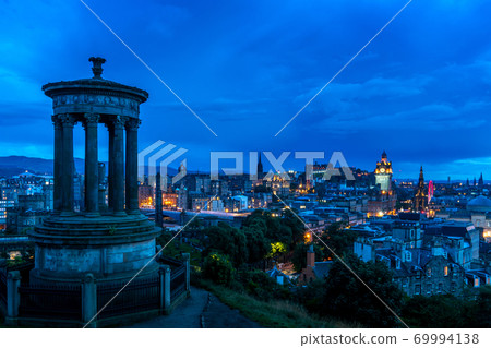 Edinburgh Castle with Cityscape from Calton Hill at dusk Scotland UK 69994138