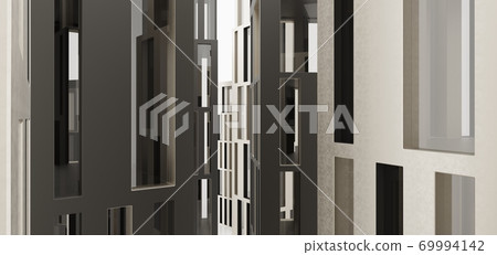 Abstract modern architectural minimalistic contemporary background. Black and gold Futuristic space sci-fi city metropolis. Residential and office skyscrapers. 3D illustration and rendering. Abstract modern architectural minimalistic contemporary background. Black and gold Futuristic space sci-fi city metropolis. Residential and office skyscrapers. 3D illustration and rendering. 69994142