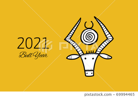 Funny sketch bull. Lunar horoscope sign. Happy new year 2021. Bull, ox, cow. Template for your design - poster, card, invitation Funny sketch bull. Lunar horoscope sign. Happy new year 2021. Bull, ox, cow. Template for your design - poster, card, invitation 69994465