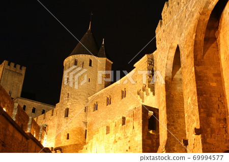 World heritage Carcassonne night view France 69994577