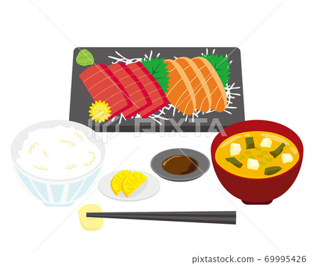 Vector illustration of tuna and salmon sashimi set meal Miso soup rice Vector illustration of tuna and salmon sashimi set meal Miso soup rice 69995426