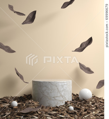 Mockup Empty Podium With Dry Leaves Falling On Beige Color Background 3d Render 69996679
