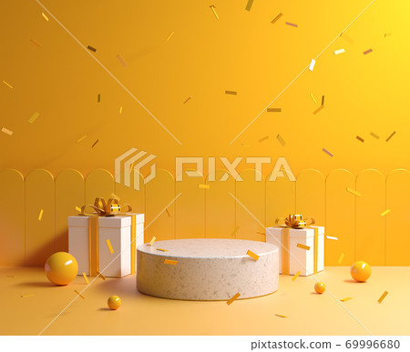 Minimal Yellow Concept Mockup Stone Podium With Gift Box And Ribbon Falling Background 3d Render 69996680