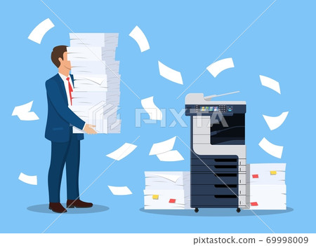 Stressed businessman holds pile documents. 69998009